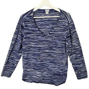 Chicos V-Neck Knit Top Space Dye Long Sleeve Pullover Blue‎ White Women Size XL